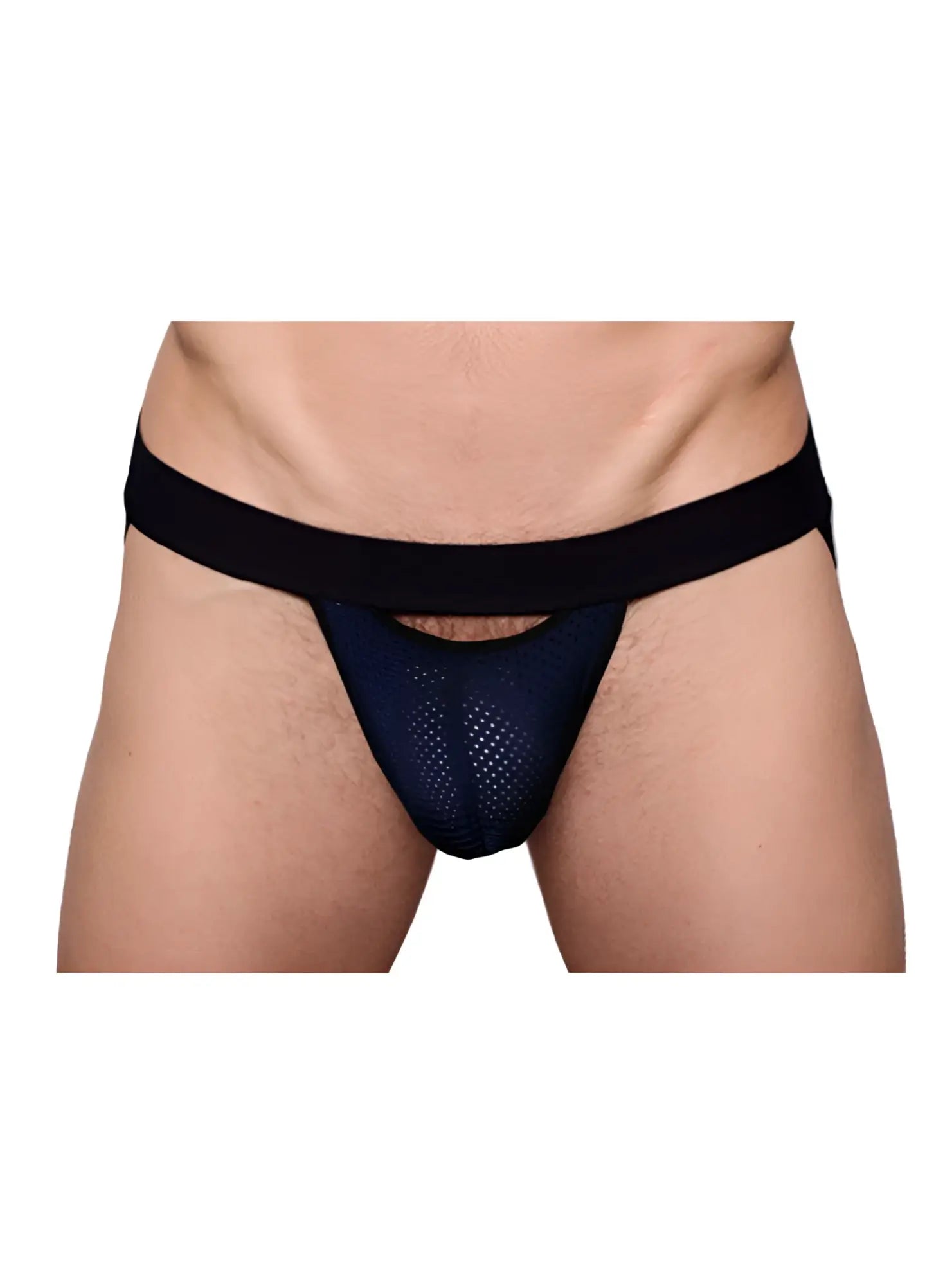 Pride drop jockstrap black mesh briefs with solid black waistband front view for comfortable support