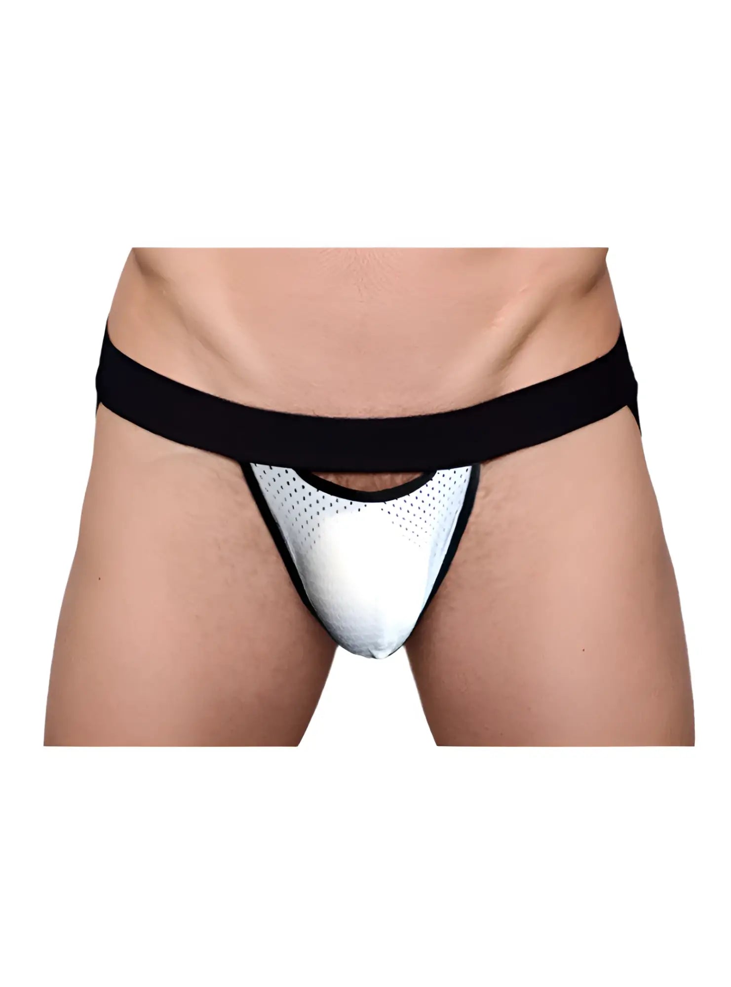 Black and white mesh pride drop jockstrap briefs with solid black waistband showing front view