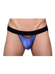 Blue mesh pride drop jockstrap briefs with black elastic waistband showcasing breathable design