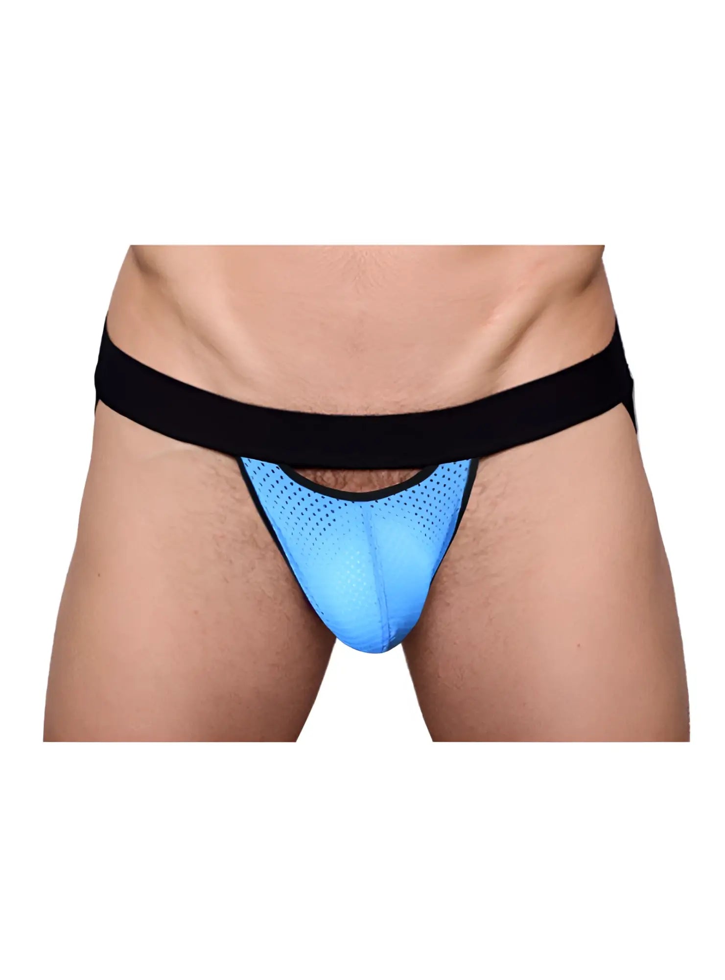 Blue perforated mesh pride drop jockstrap thong with black elastic waistband for comfortable support