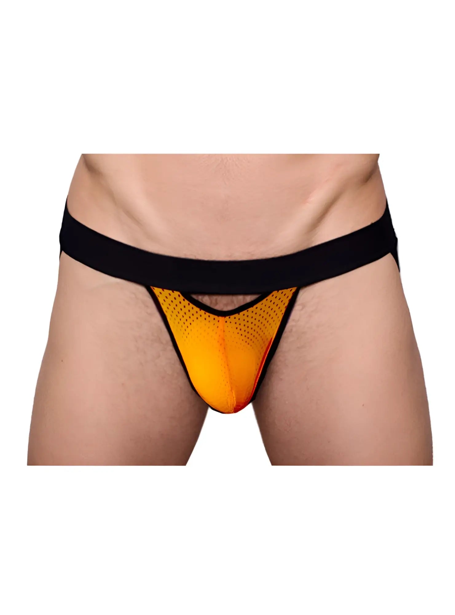 Orange mesh thong jockstrap with a black waistband from pride drop collection shown from the back side