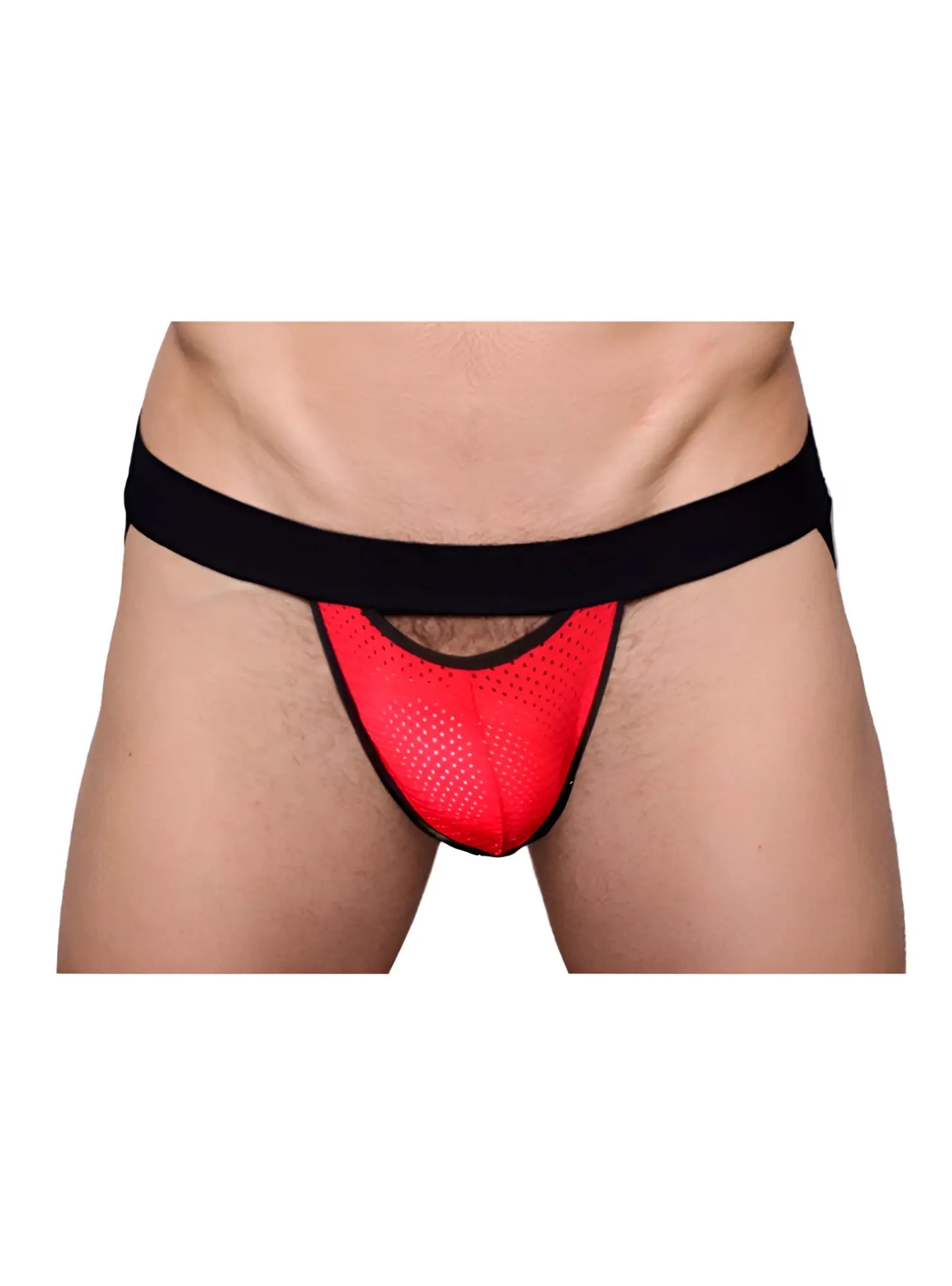 Red mesh briefs pride drop jockstrap with black elastic waistband for comfortable support and breathability
