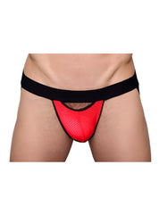 Red mesh briefs pride drop jockstrap with black elastic waistband for comfortable support and breathability