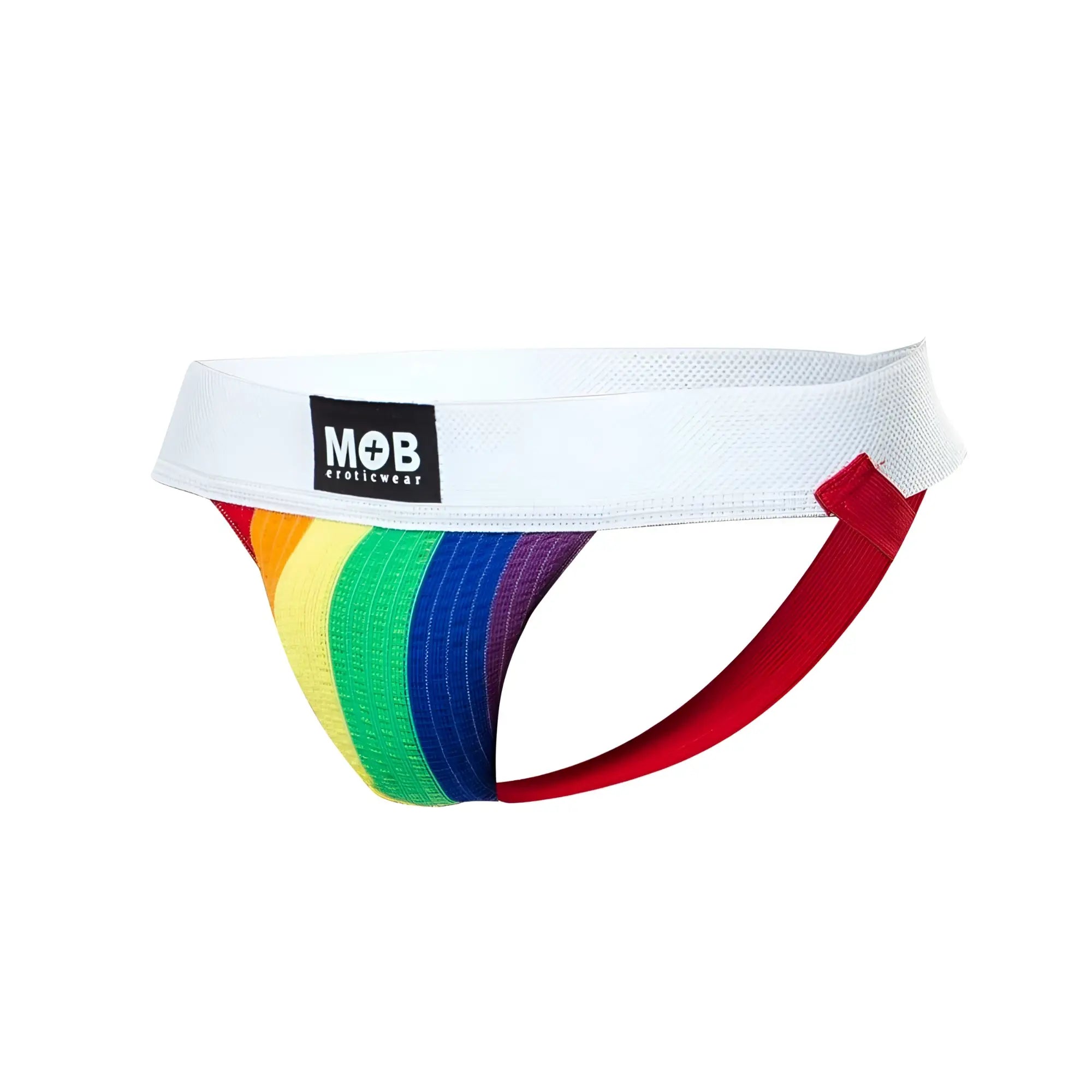 Rainbow-striped athletic briefs pride flag colors jockstrap with white waistband featuring mob eroticwear logo