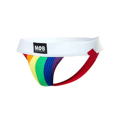 Rainbow-striped athletic briefs pride flag colors jockstrap with white waistband featuring mob eroticwear logo