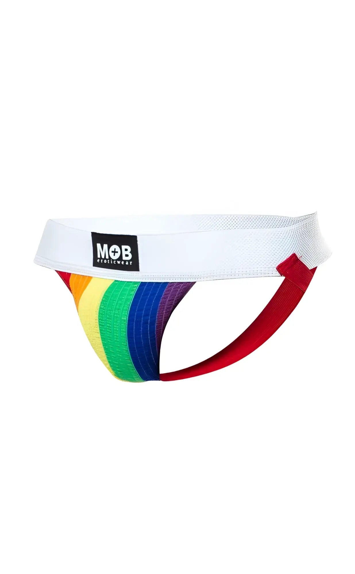 Pride flag colors jockstrap with rainbow-striped briefs red side panels white waistband and mob underwear logo