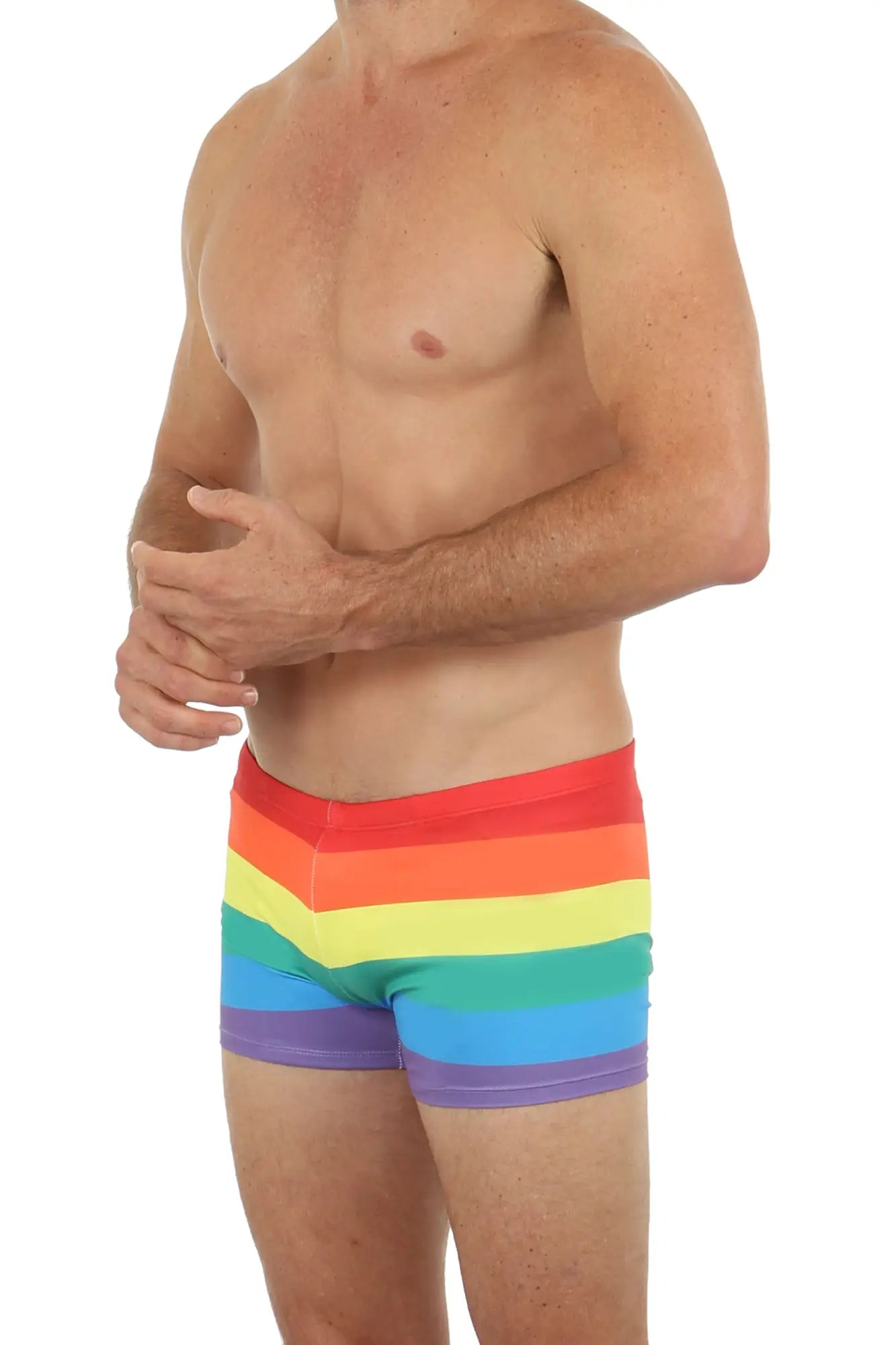 Pride hot short rainbow-striped men’s briefs with bold horizontal red orange yellow green blue and purple bands