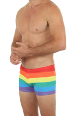 Pride hot short rainbow-striped men’s briefs with bold horizontal red orange yellow green blue and purple bands