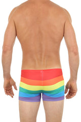 Pride hot short men’s swim trunks with vibrant rainbow striped horizontal bands in red orange yellow green blue purple