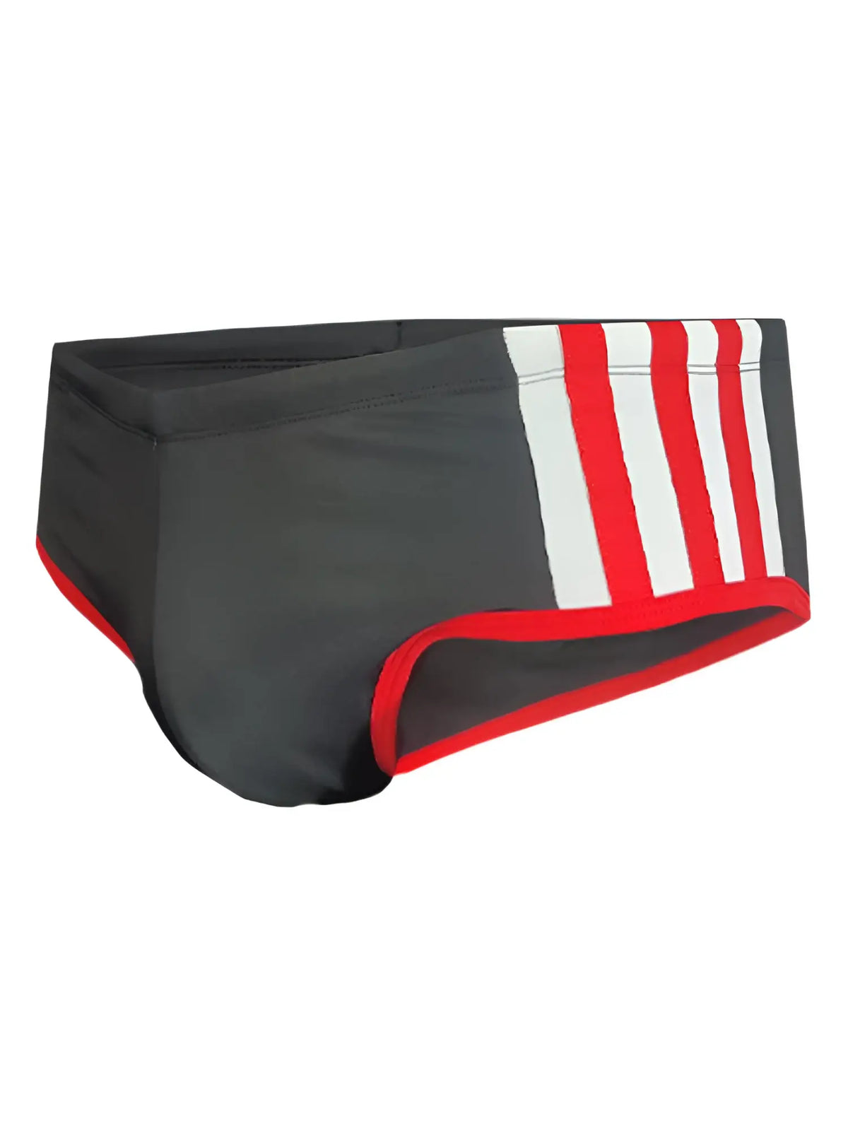 Black pride jethro 11 swim racer trunks with bold red and white vertical side stripes and red trim on leg openings