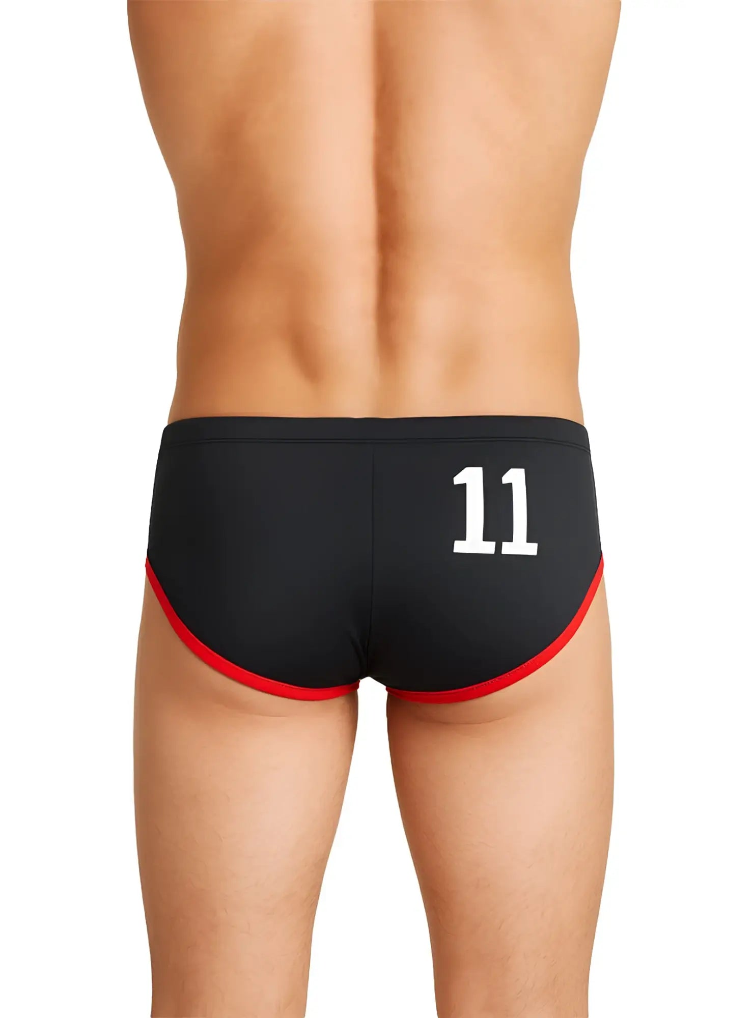 Black pride jethro 11 swim racer trunks with red trim and white number 11 on the back side