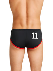 Black pride jethro 11 swim racer trunks with red trim and white number 11 on the back side