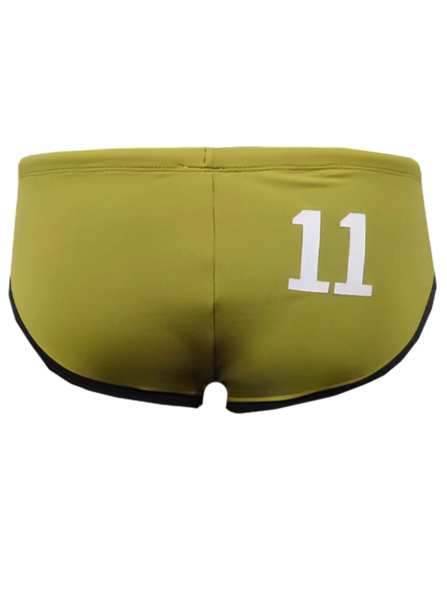 Olive green pride jethro 11 swim racer trunks with black trim and white 11 printed on the back