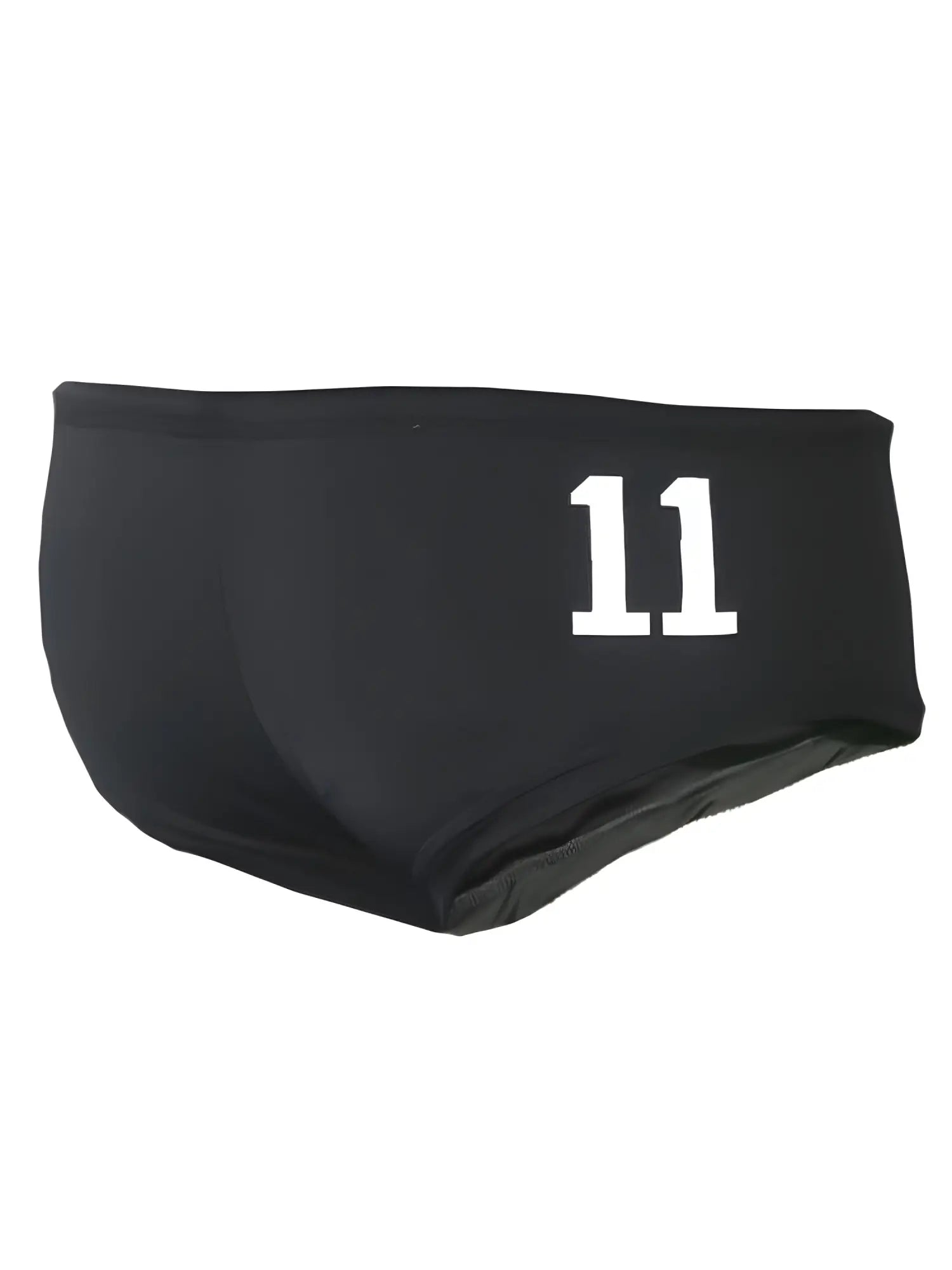 Black pride justin brief swim trunks with white number 11 printed on front in quick-dry fabric for swimming