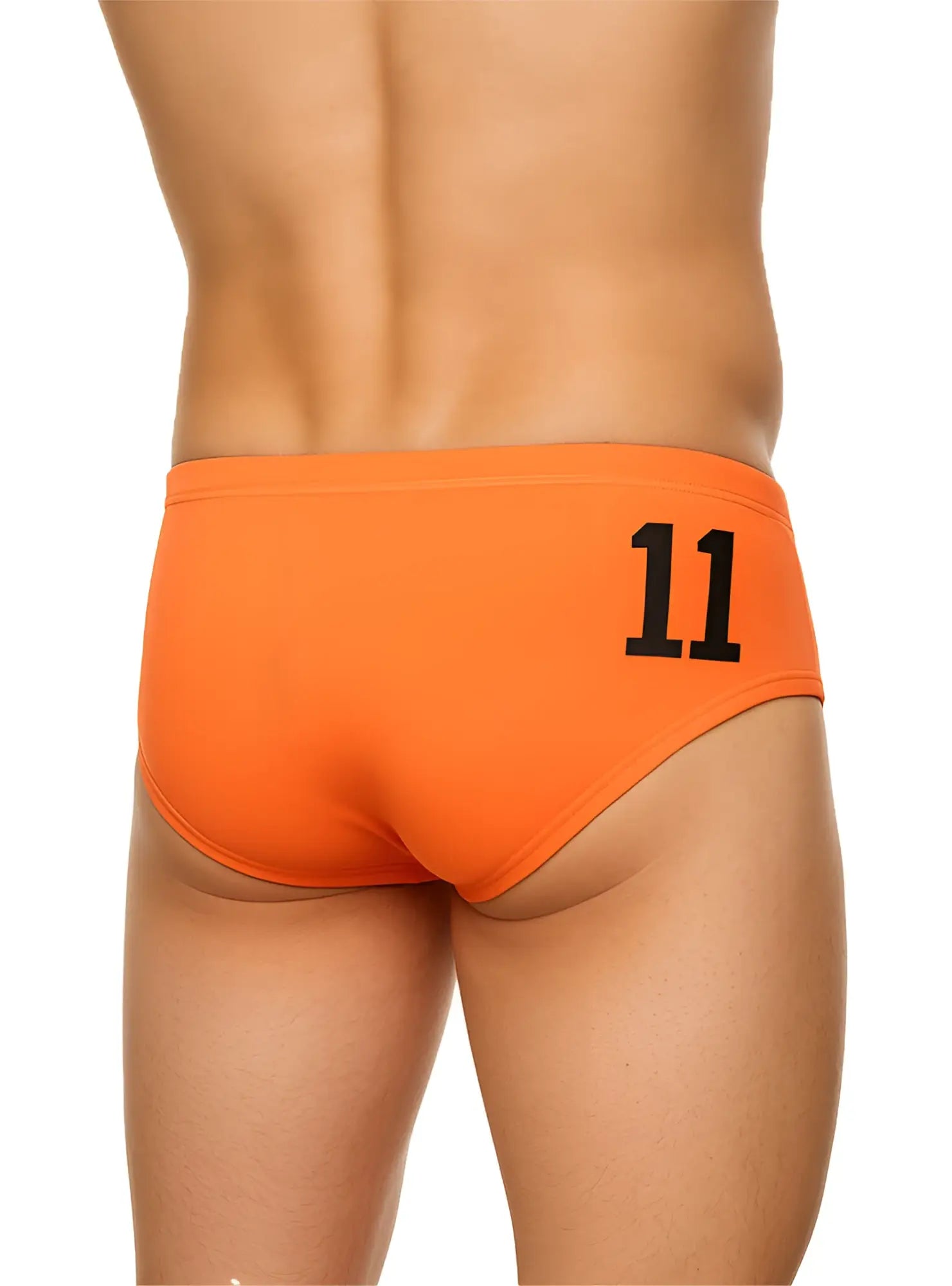 Bright orange pride justin brief swim trunks with a bold black 11 printed on the back side