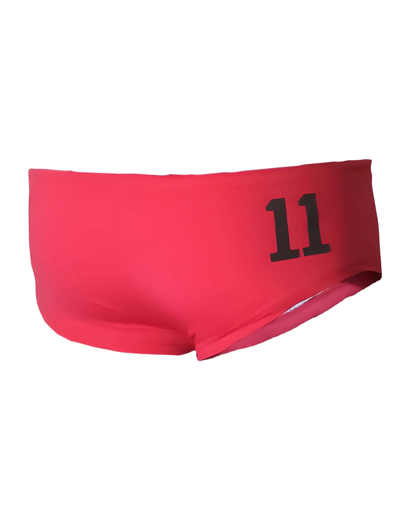 Bright red pride justin brief swim trunks with bold black number 11 printed on the side for swimming and beachwear