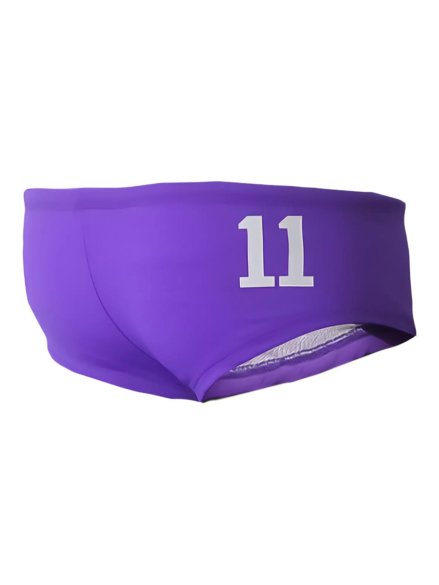 Purple pride justin brief swim trunks with white number 11 printed on the front for stylish swimwear use