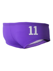 Purple pride justin brief swim trunks with white number 11 printed on the front for stylish swimwear use