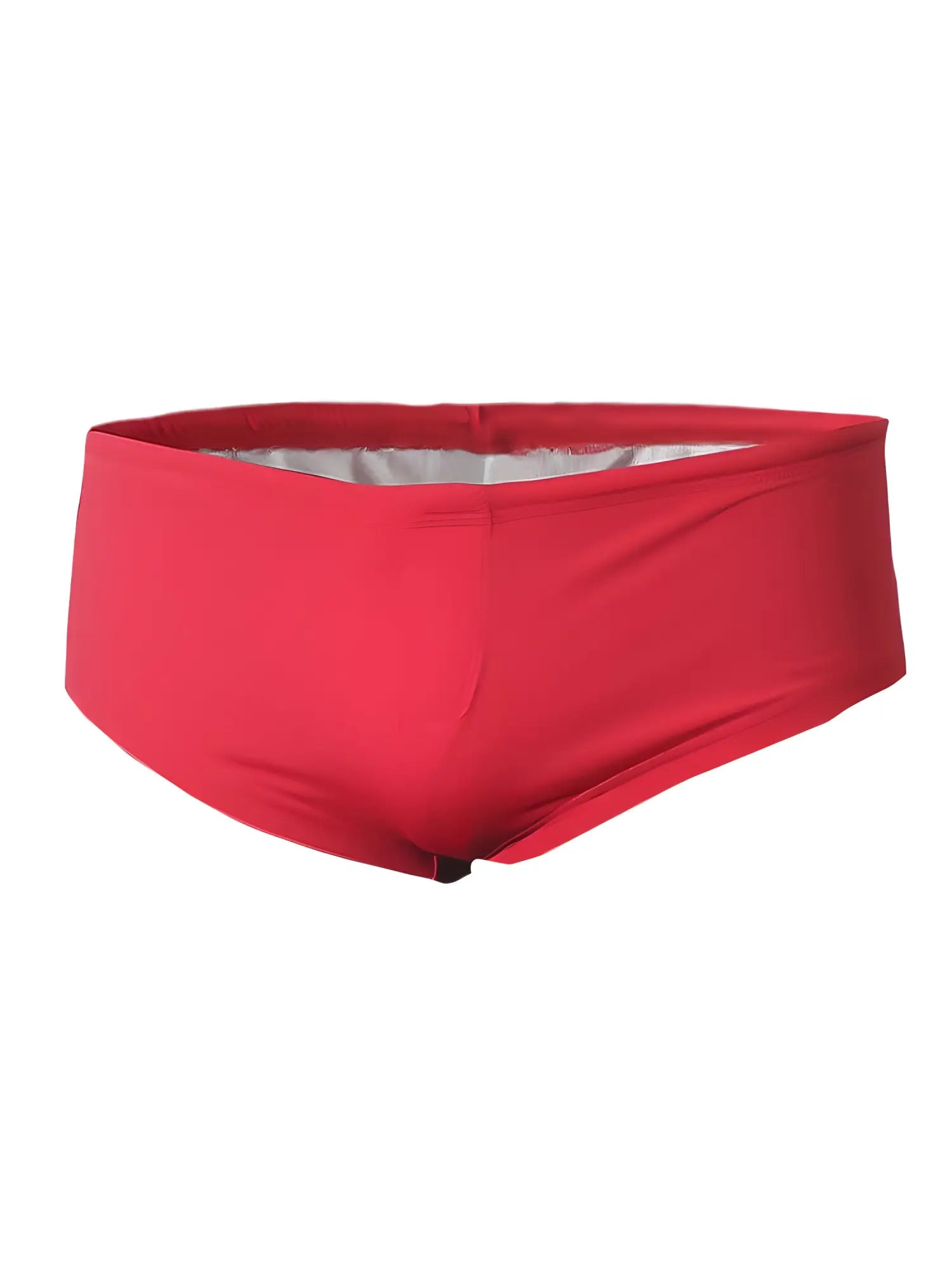 Pride justin brief red swim trunks with silver lining and black elastic waistband for men’s swimwear