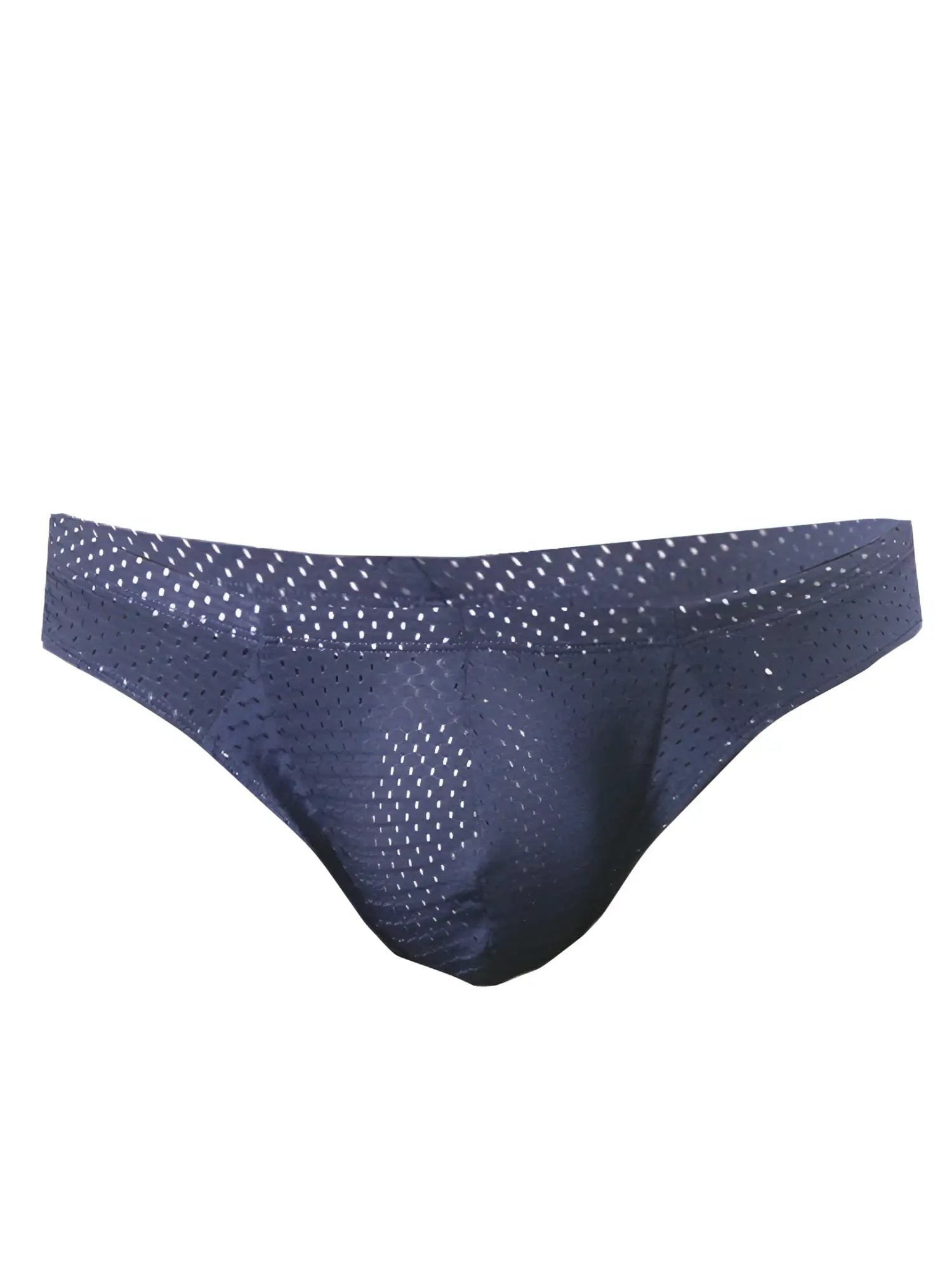 Dark blue pride mesh bunz brief with plus pouch featuring a subtle white dot pattern in breathable mesh fabric