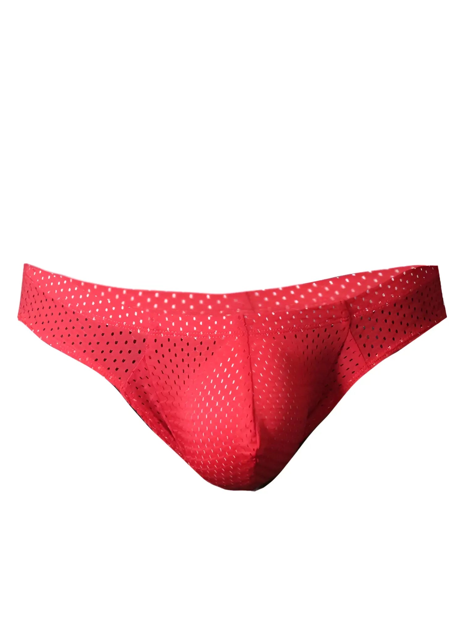 Red mesh bunz brief in red with perforated design and plus pouch made from breathable mesh material