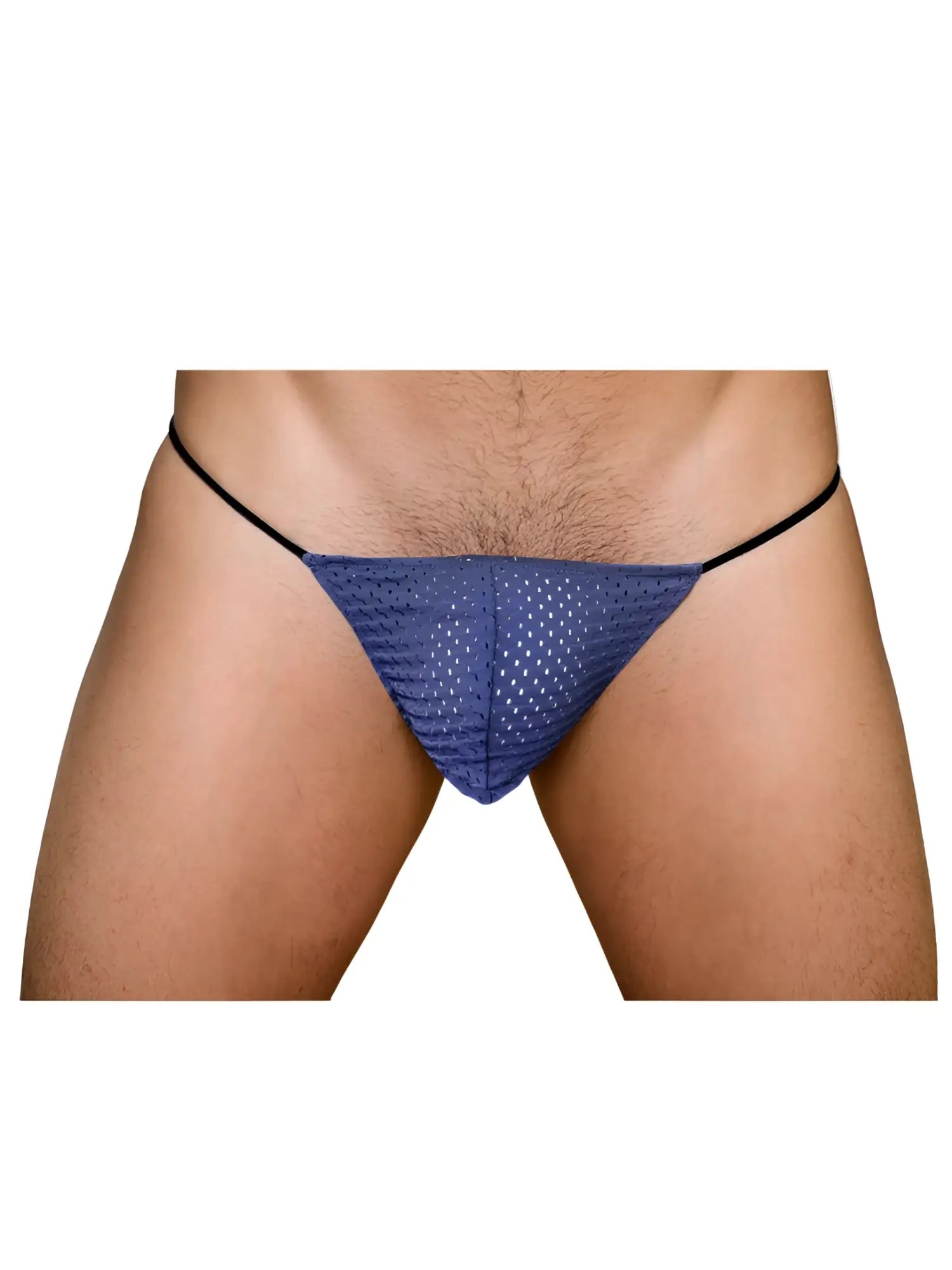Pride mesh g-string blue mesh thong with black elastic waistband shown from the front
