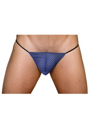 Pride mesh g-string blue mesh thong with black elastic waistband shown from the front