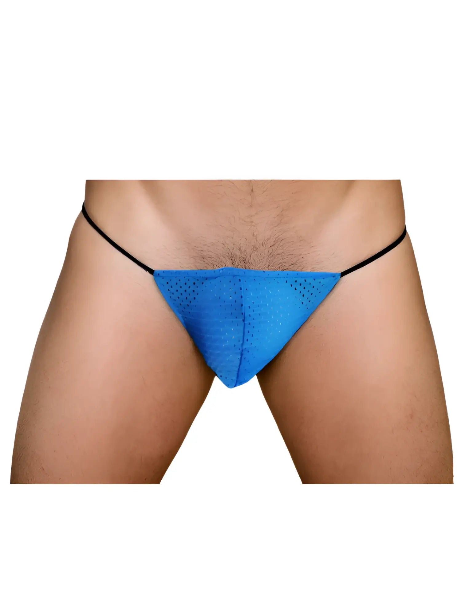 Blue mesh thong with black elastic waistband g-string featuring breathable mesh fabric for comfortable wear