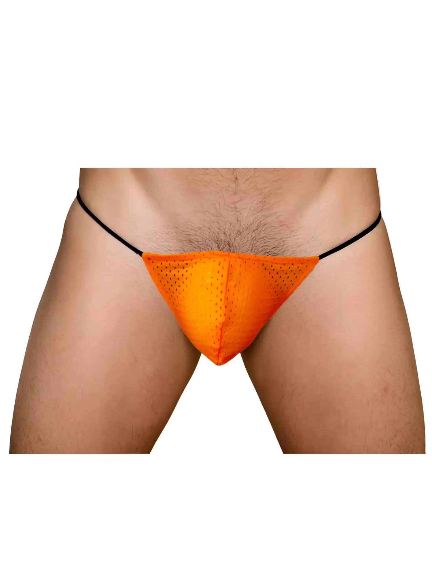 Bright orange mesh pride mesh g-string thong with black elastic waistband front view