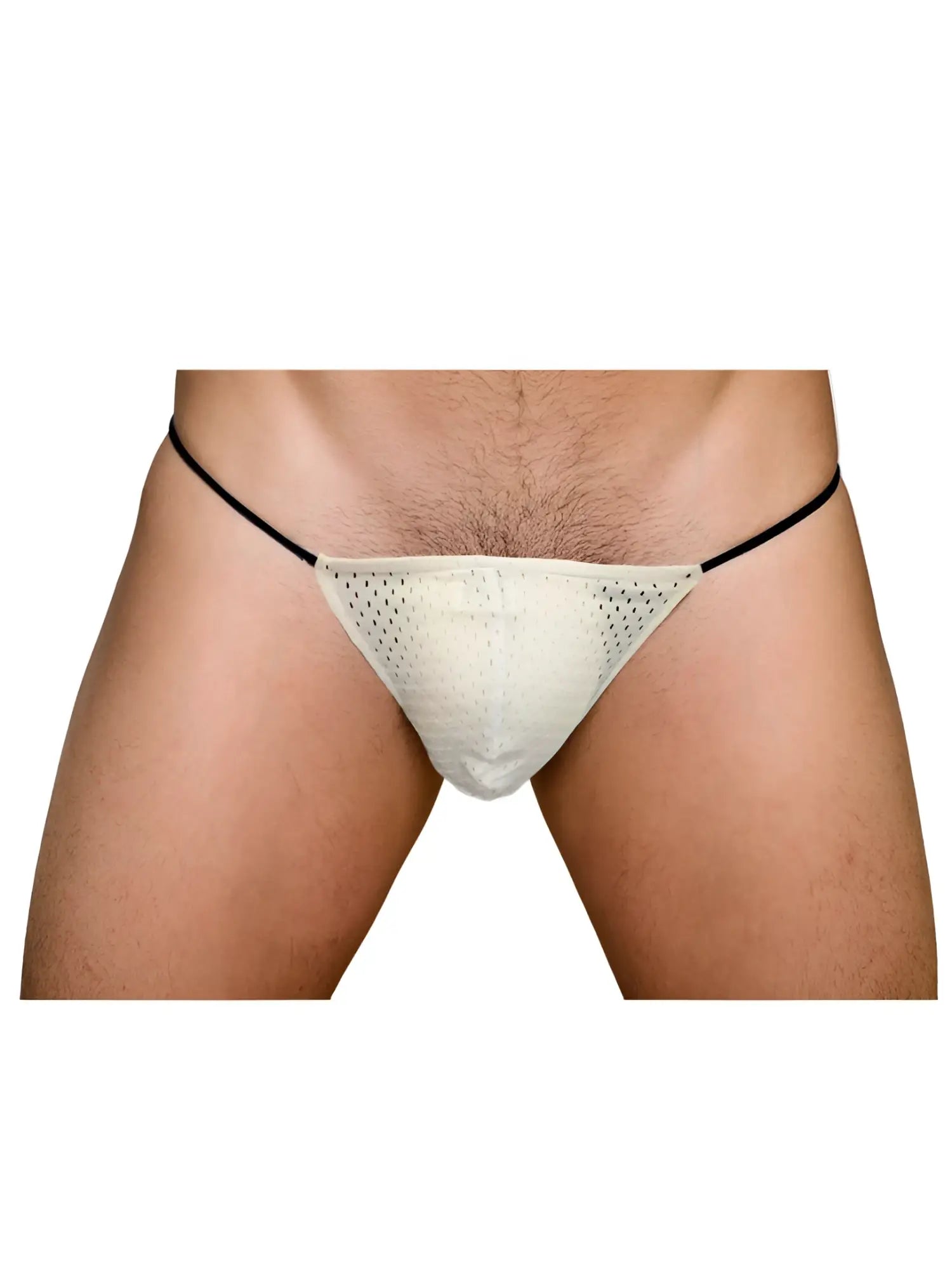 Cream-colored mesh pride mesh g-string thong with black elastic waistband showing front side detail