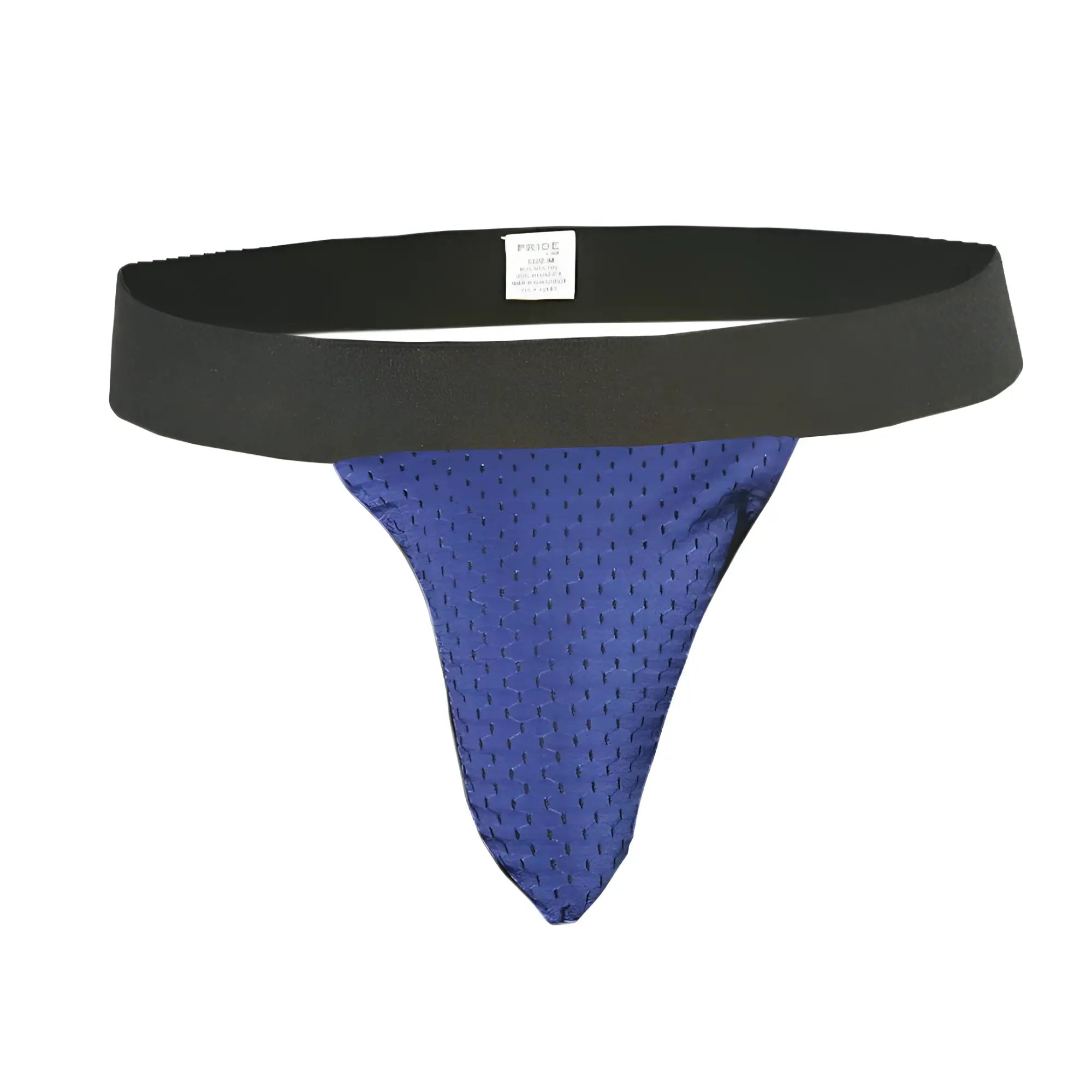 Pride mesh sock blue mesh thong with black elastic waistband showing front view