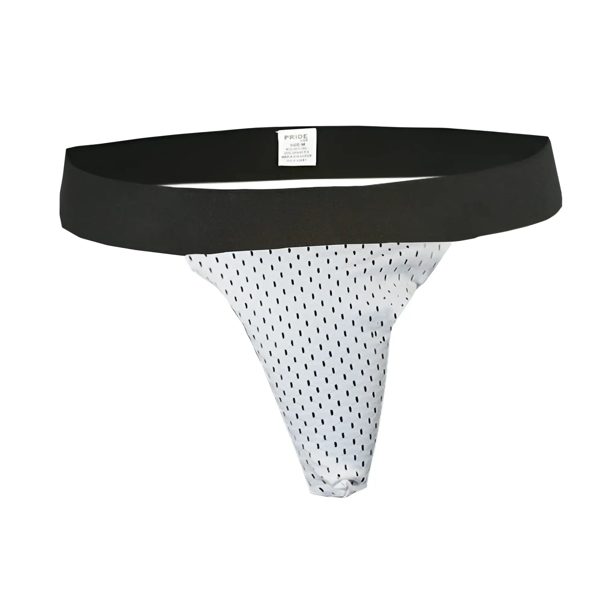 Pride mesh sock white mesh thong with black polka dots and solid black waistband front view