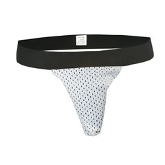 Pride mesh sock white mesh thong with black polka dots and solid black waistband front view