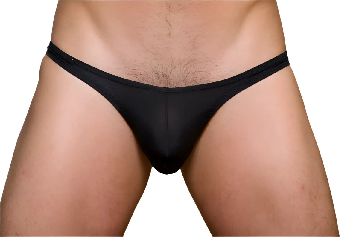Pride metro thong with plus pouch in black sheer mesh with solid black waistband showing the front side