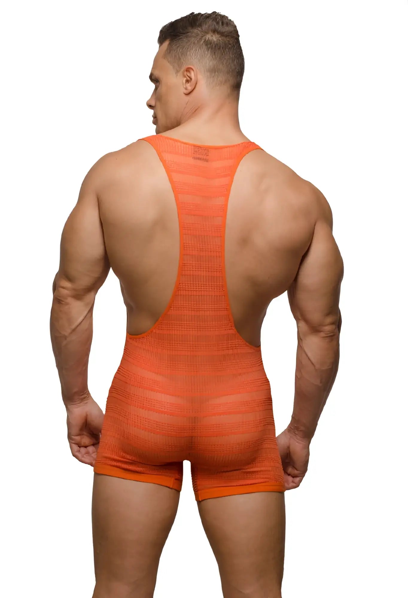 Orange mesh wrestling singlet with backless design and wide shoulder straps from pride sheer mesh archery wrestler leotard shown from back