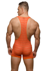 Orange mesh wrestling singlet with backless design and wide shoulder straps from pride sheer mesh archery wrestler leotard shown from back