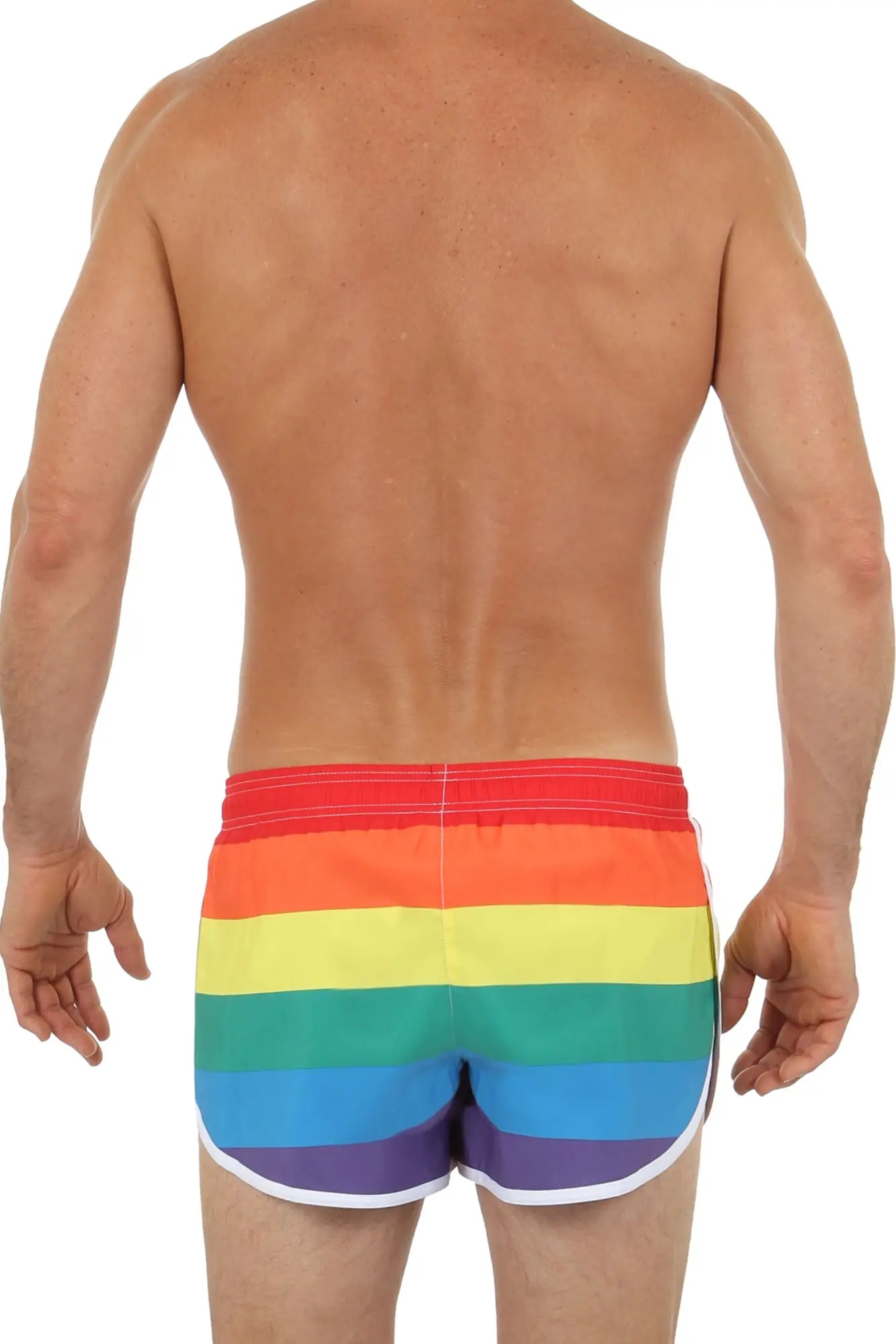 Pride swim short rainbow-striped swim trunks with white trim designed for vibrant pool or beach wear