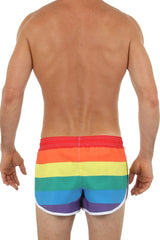 Pride swim short rainbow-striped swim trunks with white trim designed for vibrant pool or beach wear