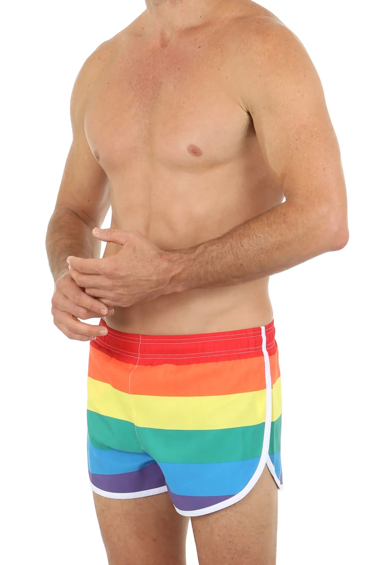 Pride swim short rainbow-striped swim trunks with white trim designed for comfortable beachwear and swimming