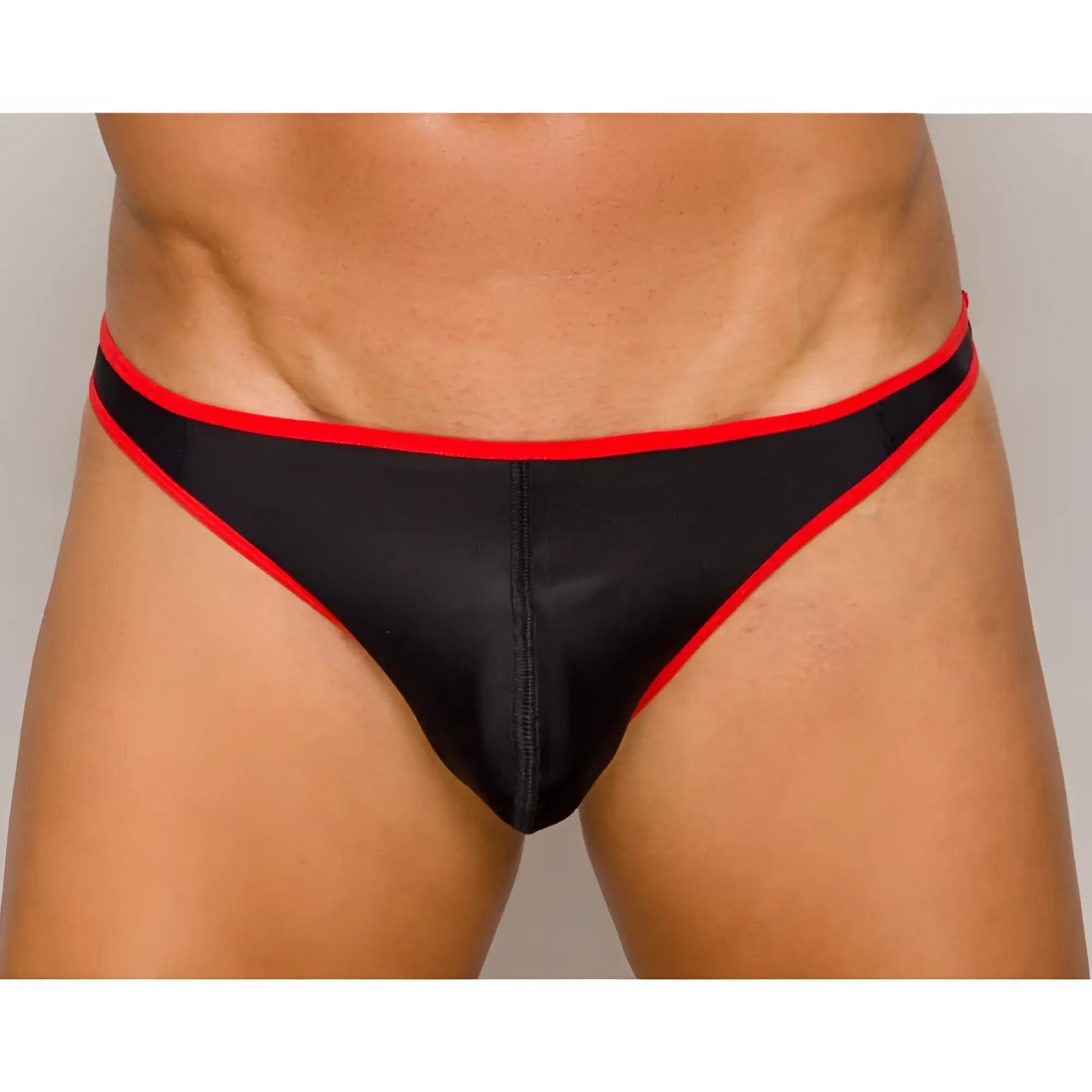 Pride ultra stretch amplify thong in black and red with sleek shiny fabric finish shown from the back side