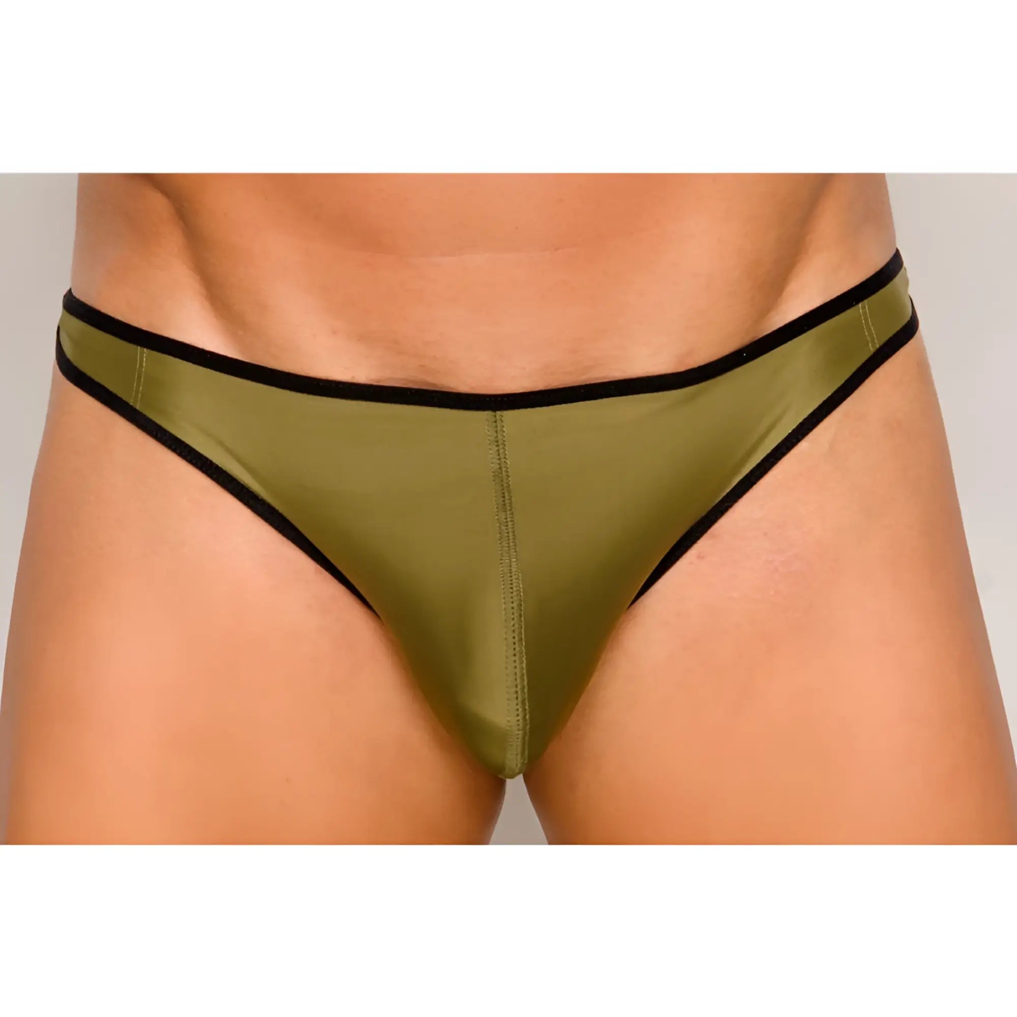 Olive green satin pride ultra stretch amplify thong briefs with black trim showing front side