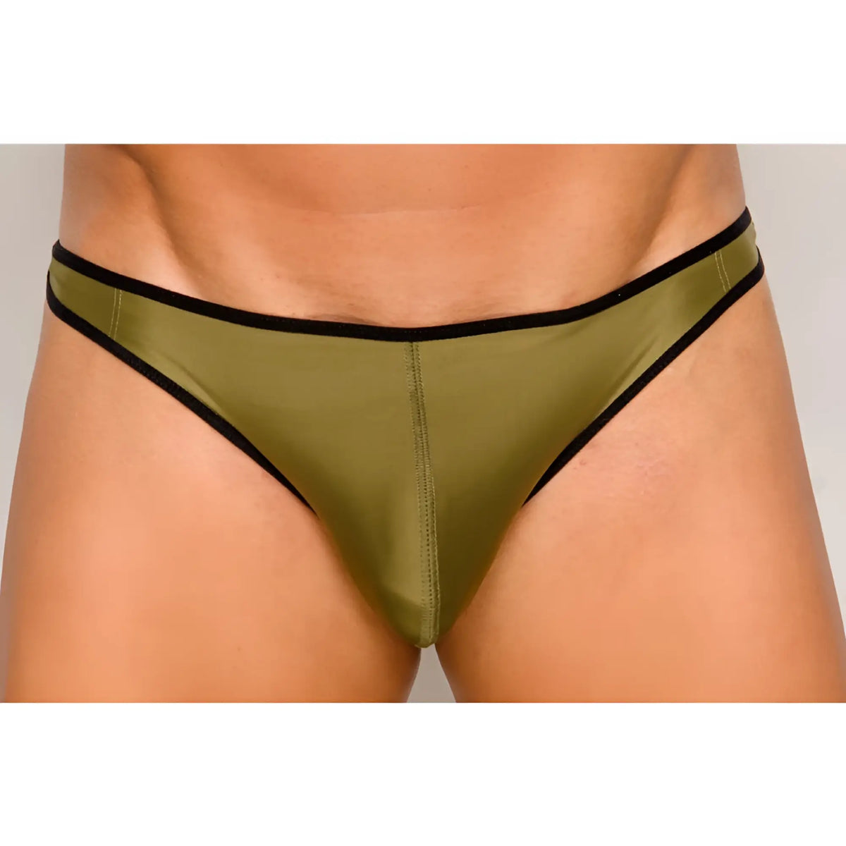 Olive green satin pride ultra stretch amplify thong briefs with black trim showing front side