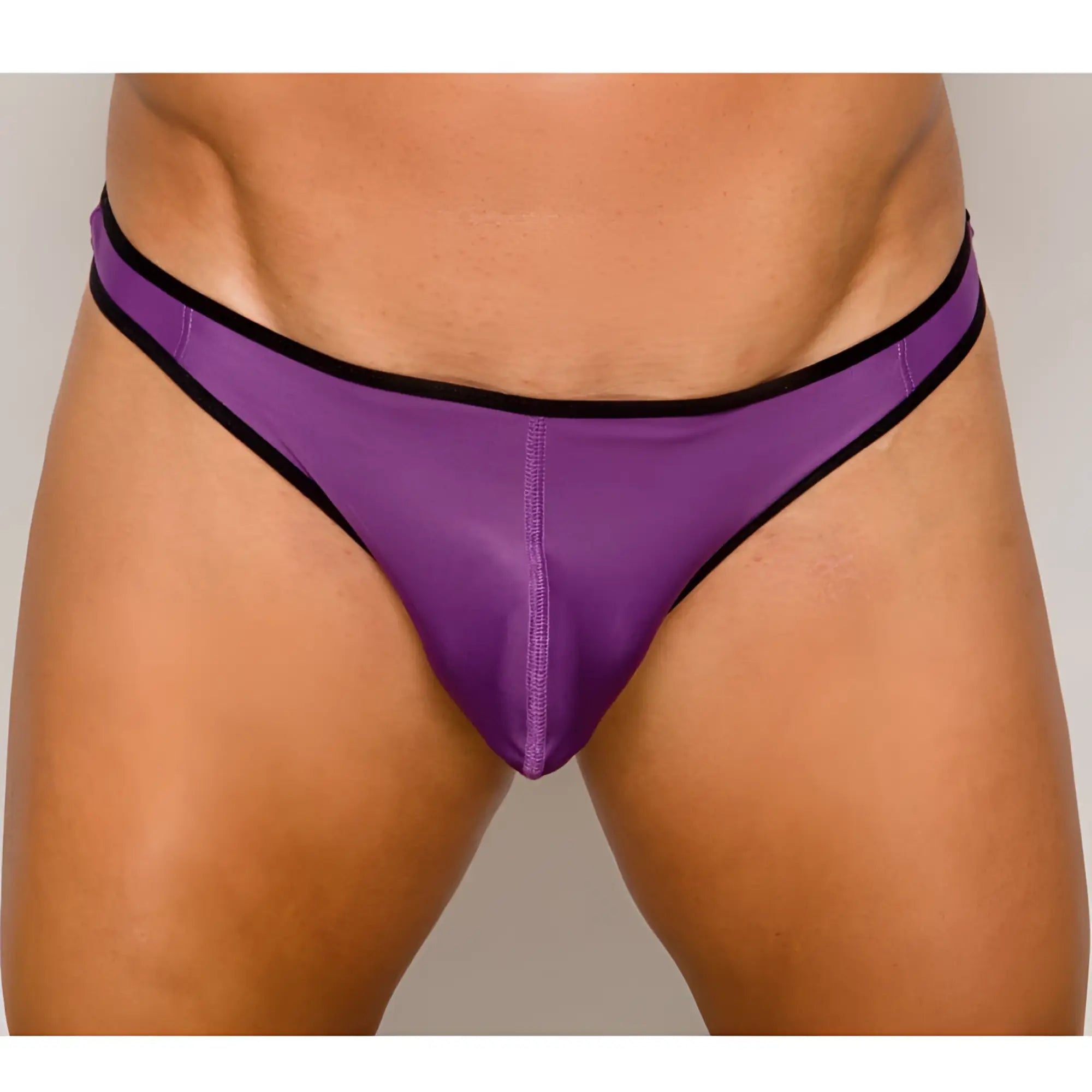Purple pride ultra stretch amplify thong with black trim showing front side in soft stretch fabric