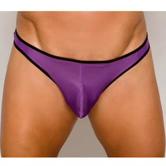 Purple pride ultra stretch amplify thong with black trim showing front side in soft stretch fabric
