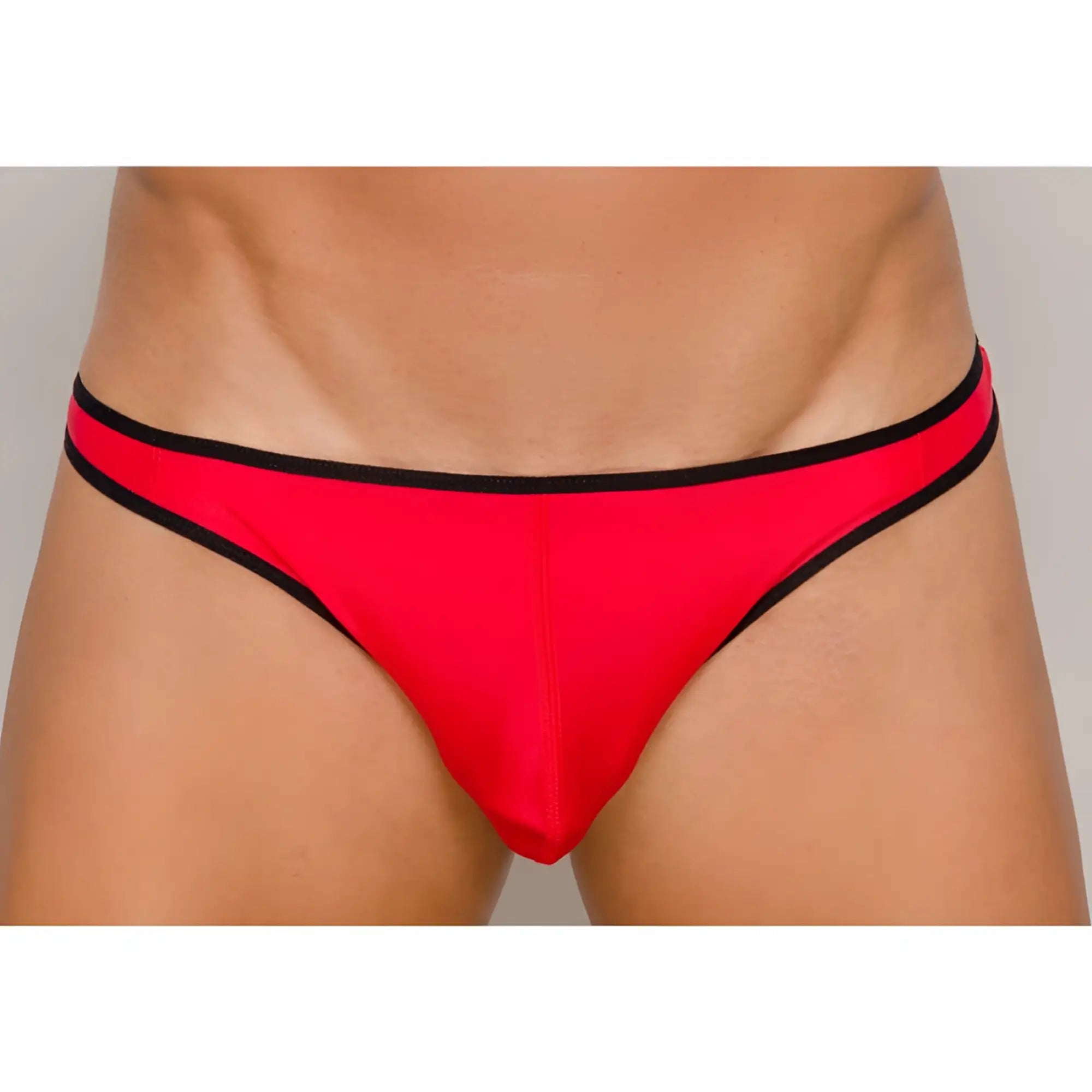 Red pride ultra stretch amplify thong in red with black trim showcasing a comfortable stretch fabric design