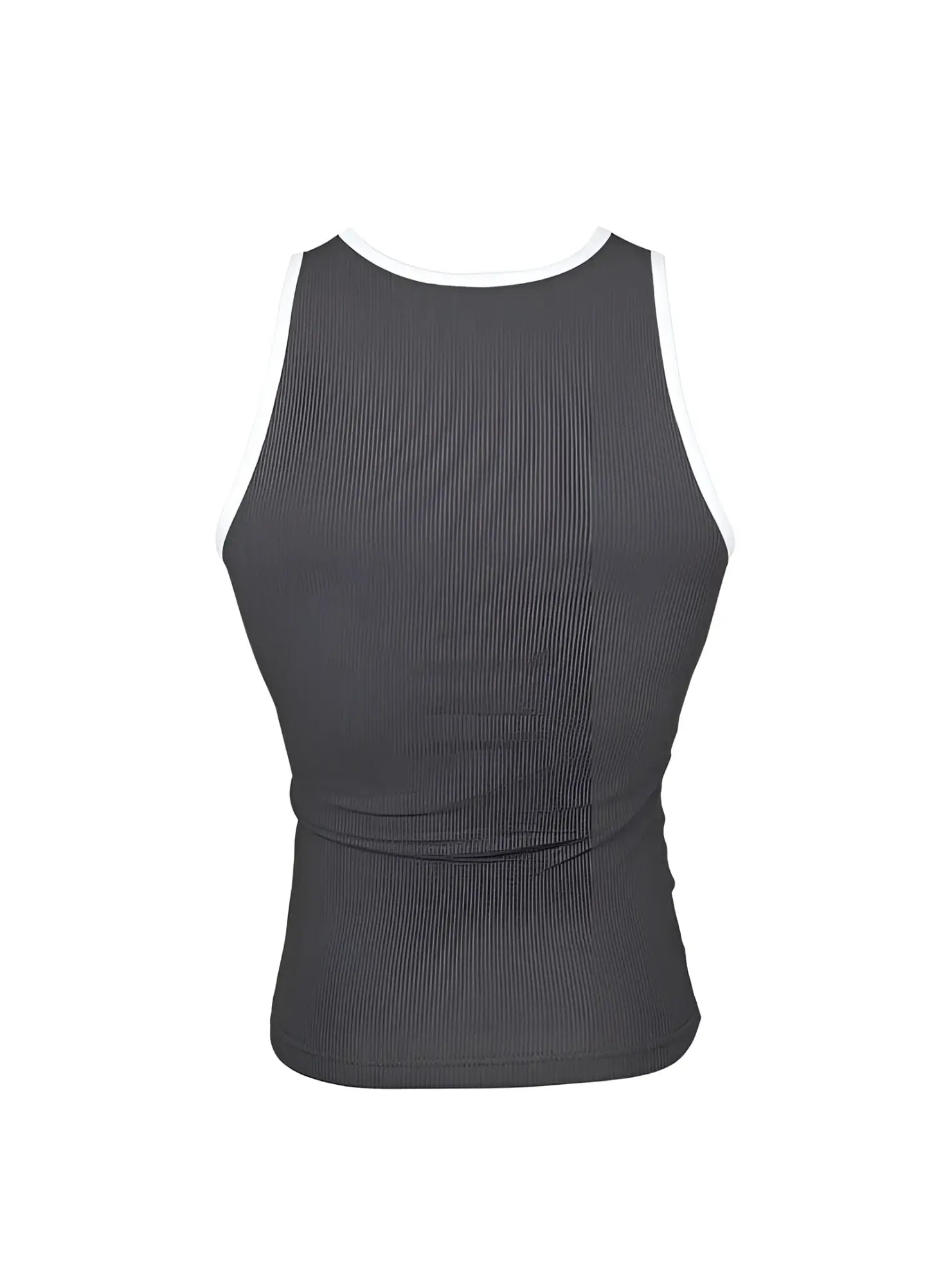 A dark gray ribbed cotton tank top with white trim around the neckline and armholes from Pride USA