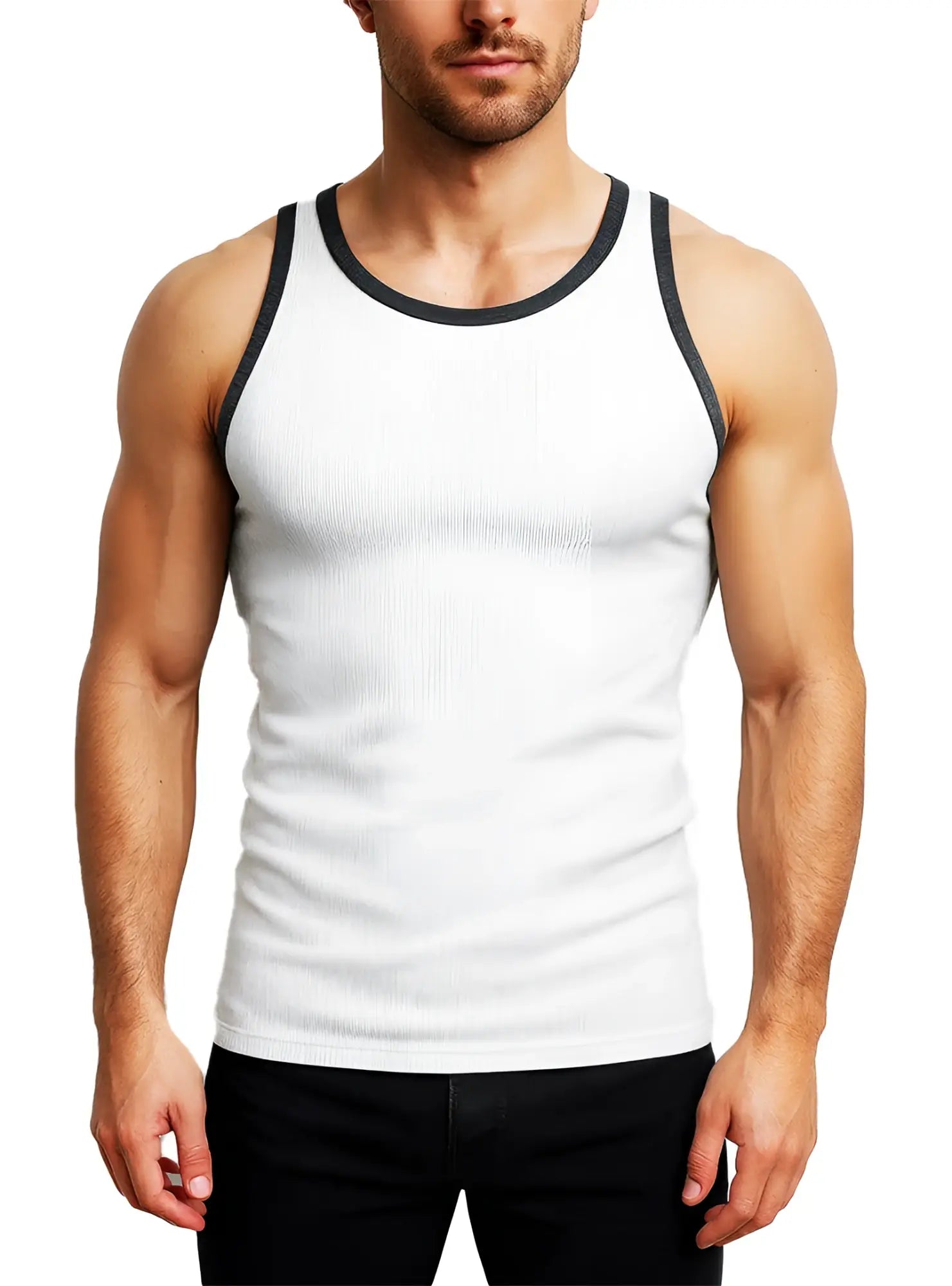White ribbed cotton pride usa tank top with black trim around neckline and armholes