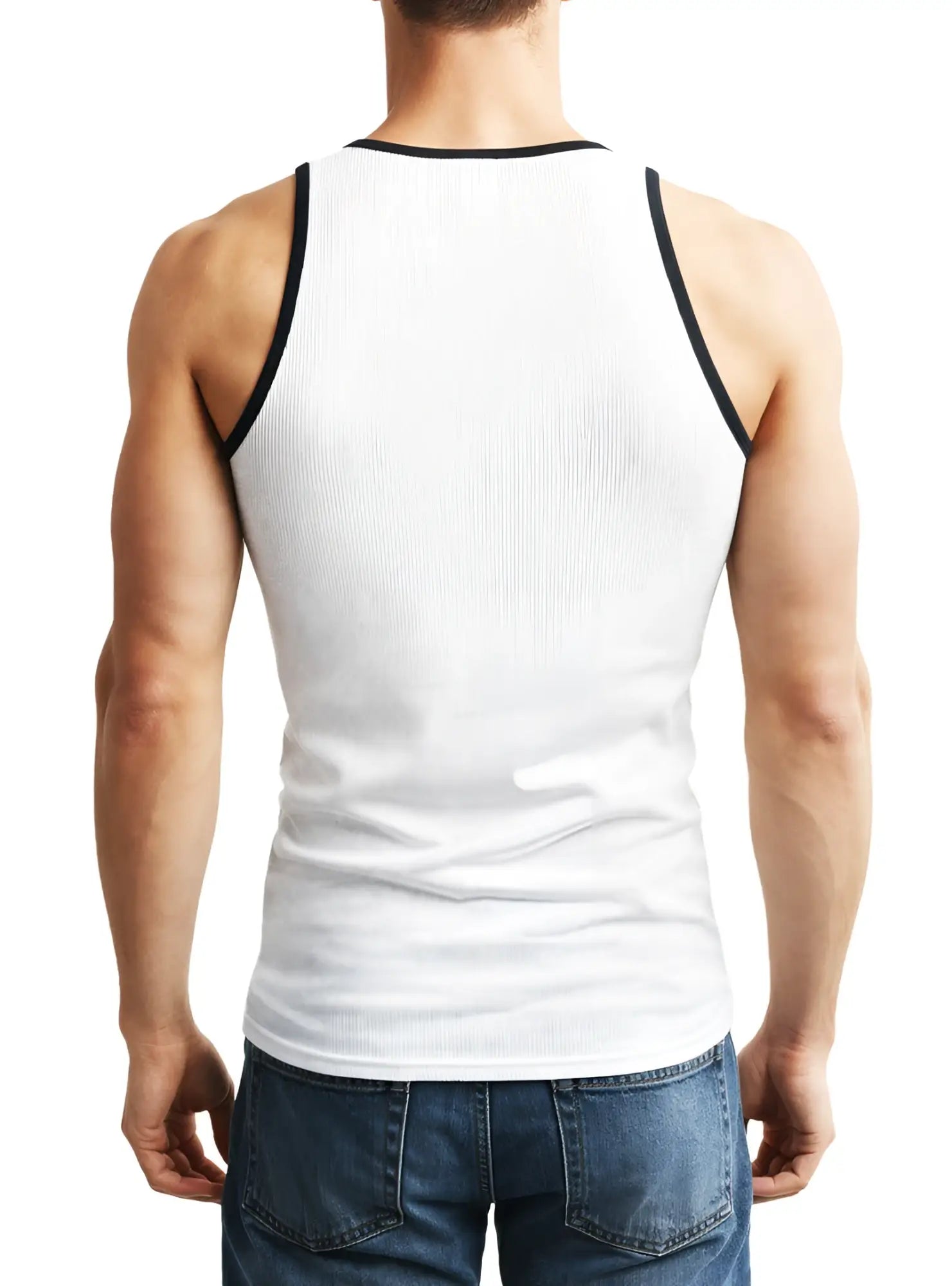 White ribbed cotton tank top with black trim from pride USA featuring a sleeveless design for casual wear