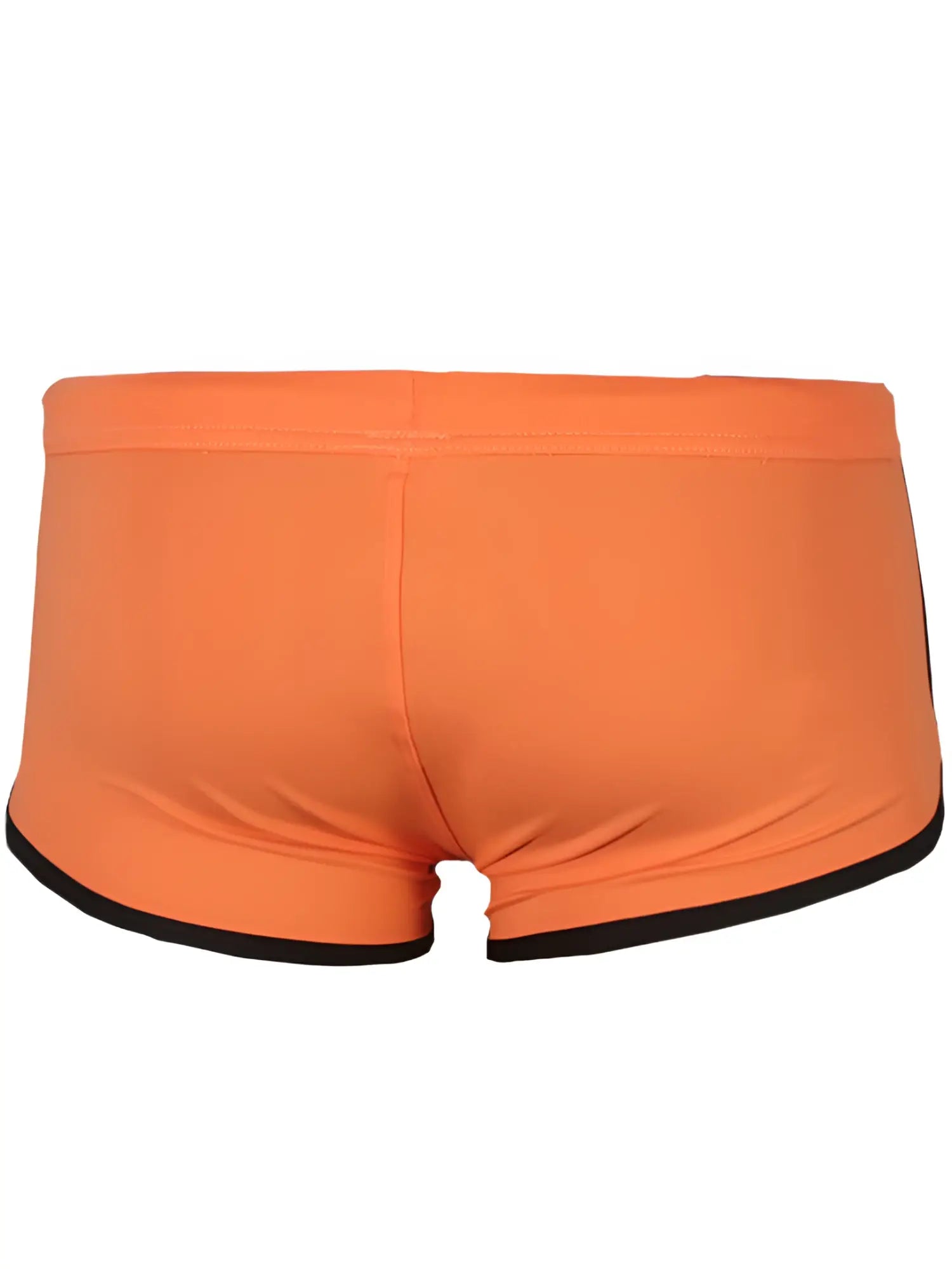 Bright orange pride Vince trunk swim trunks with black trim along waistband and leg openings for swimming