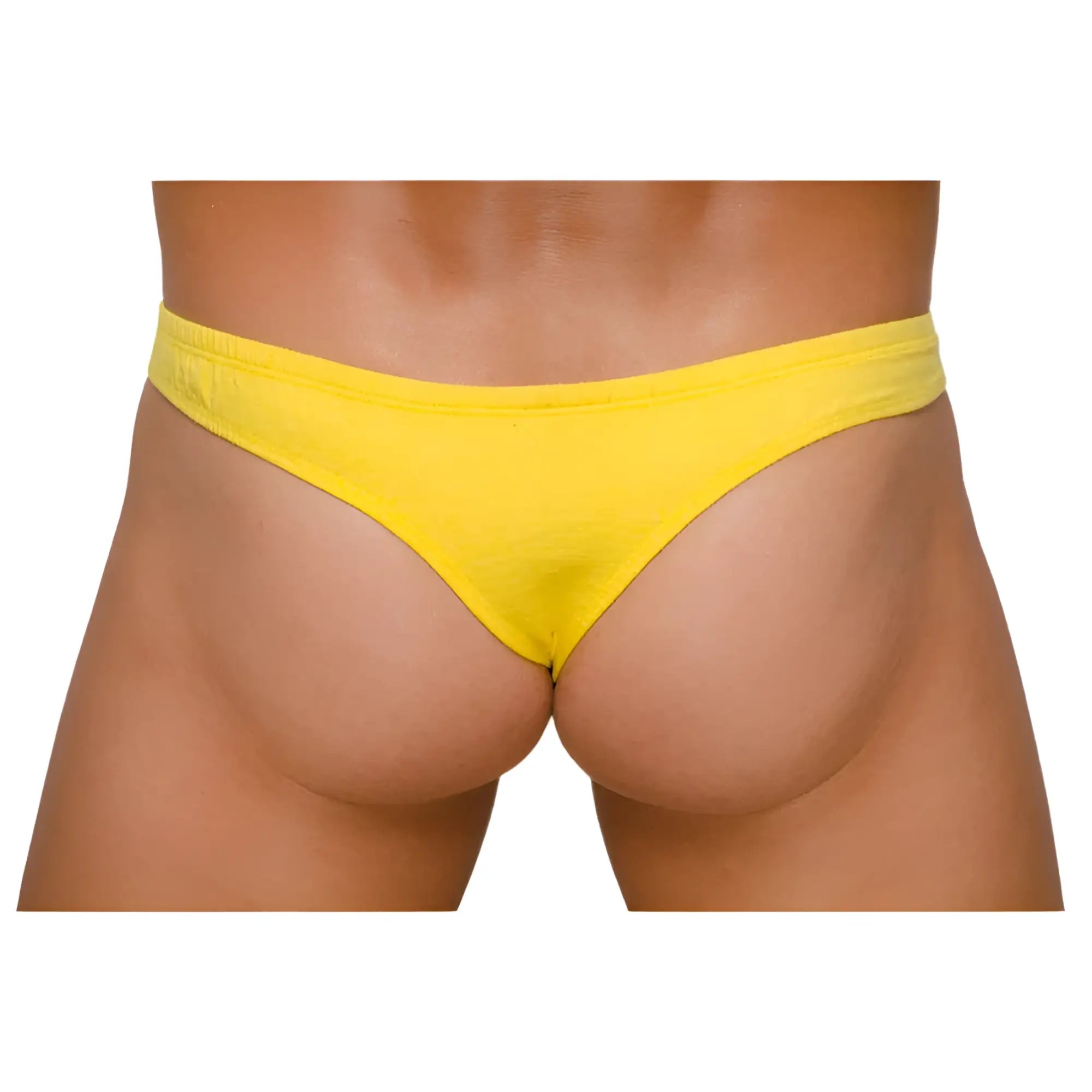 Bright yellow pride zip it thong made of smooth stretchy fabric shown from the back side